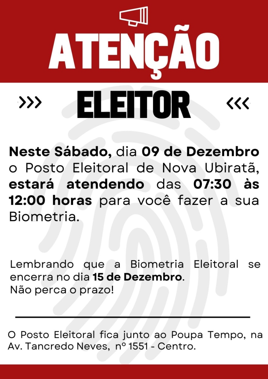 Posto Eleitoral de Nova Ubiratã informa horário de atendimento para Biometria neste sábado
