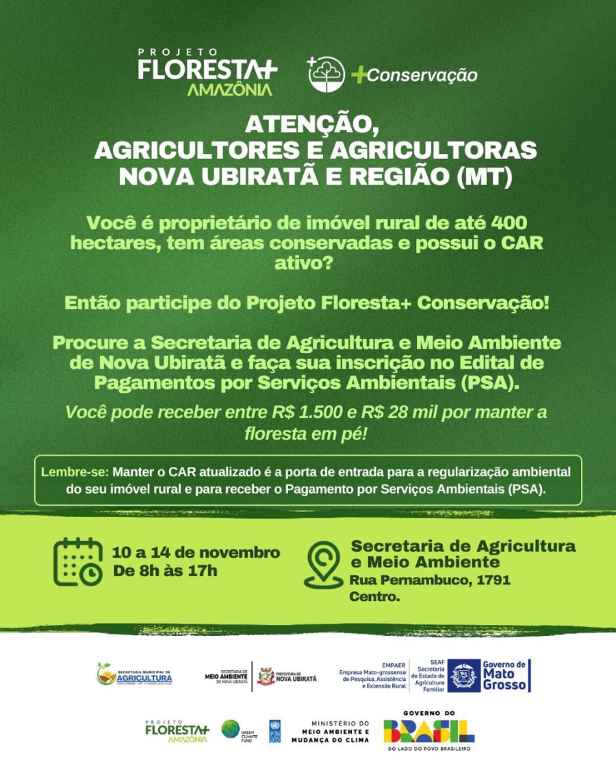 Prefeitura Municipal de Nova Ubiratã irá promover uma palestra e atendimentos sobre o Projeto Floresta + Amazônia