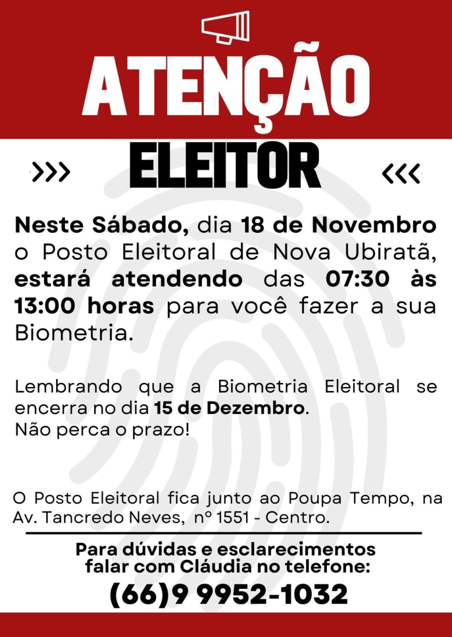 Posto Eleitoral de Nova Ubiratã estará atendendo neste sábado (18)